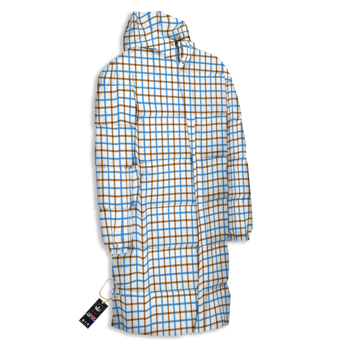 Tattersall Brown And Blue Print Pattern Long Down Jacket-grizzshop