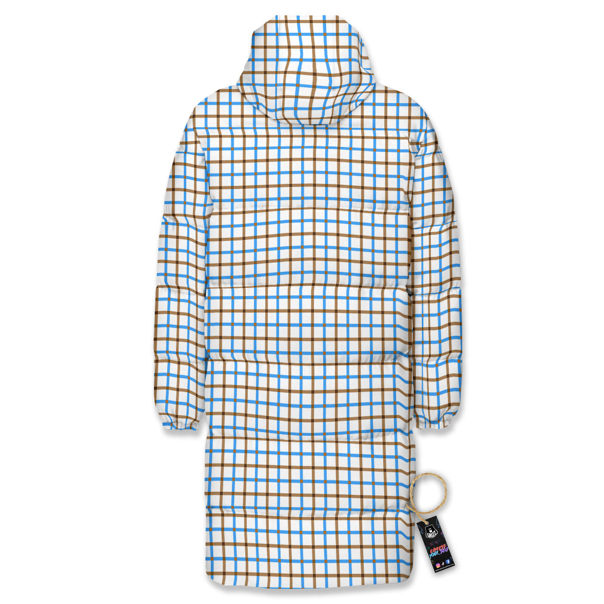 Tattersall Brown And Blue Print Pattern Long Down Jacket-grizzshop