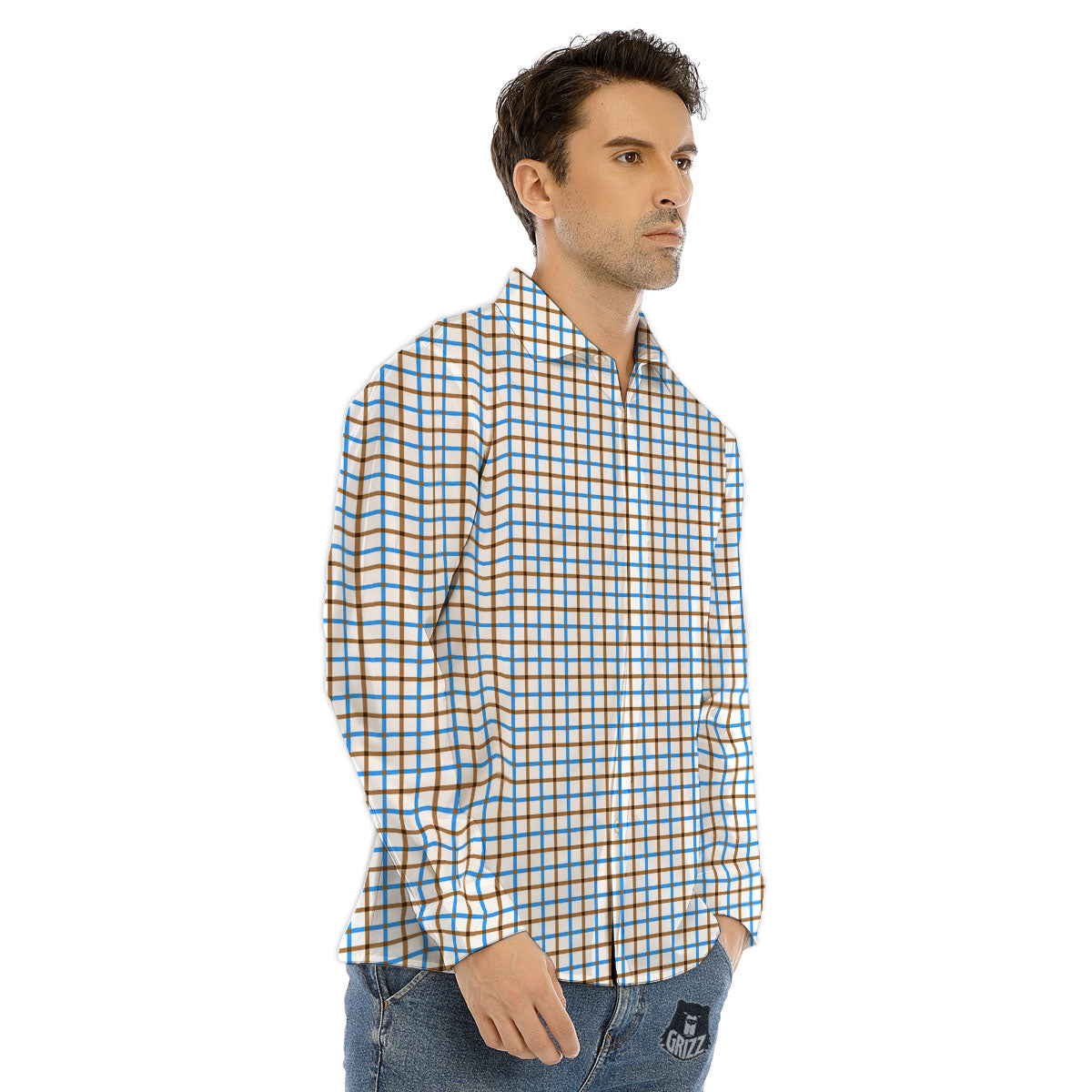 Tattersall Brown And Blue Print Pattern Men's Dress Shirts-grizzshop