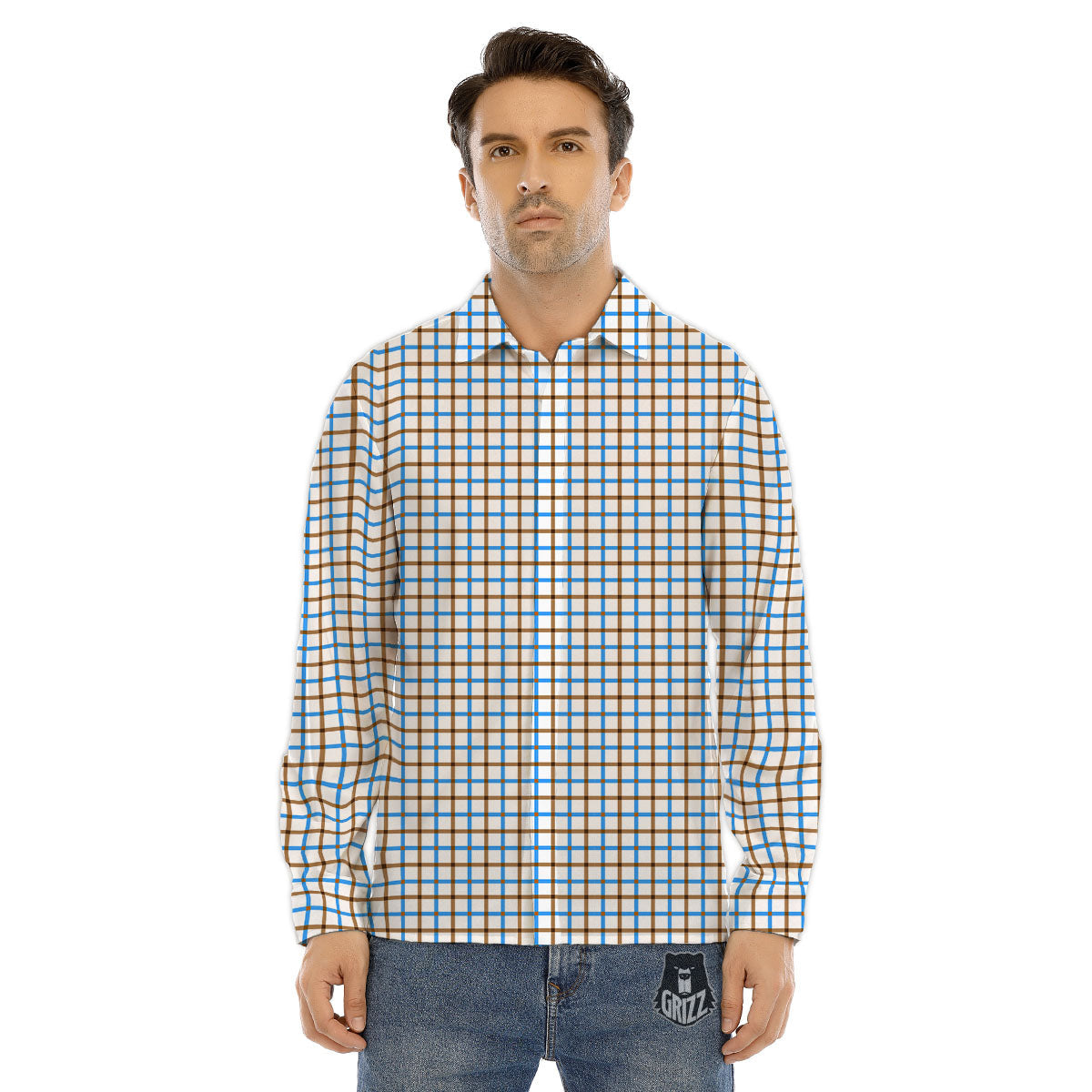 Tattersall Brown And Blue Print Pattern Men's Dress Shirts-grizzshop