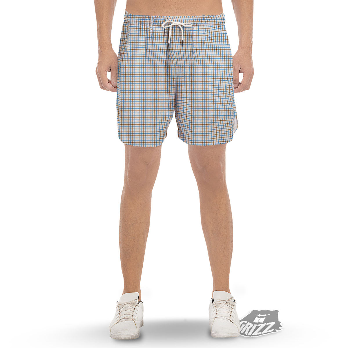 Tattersall Brown And Blue Print Pattern Men's Gym Shorts-grizzshop