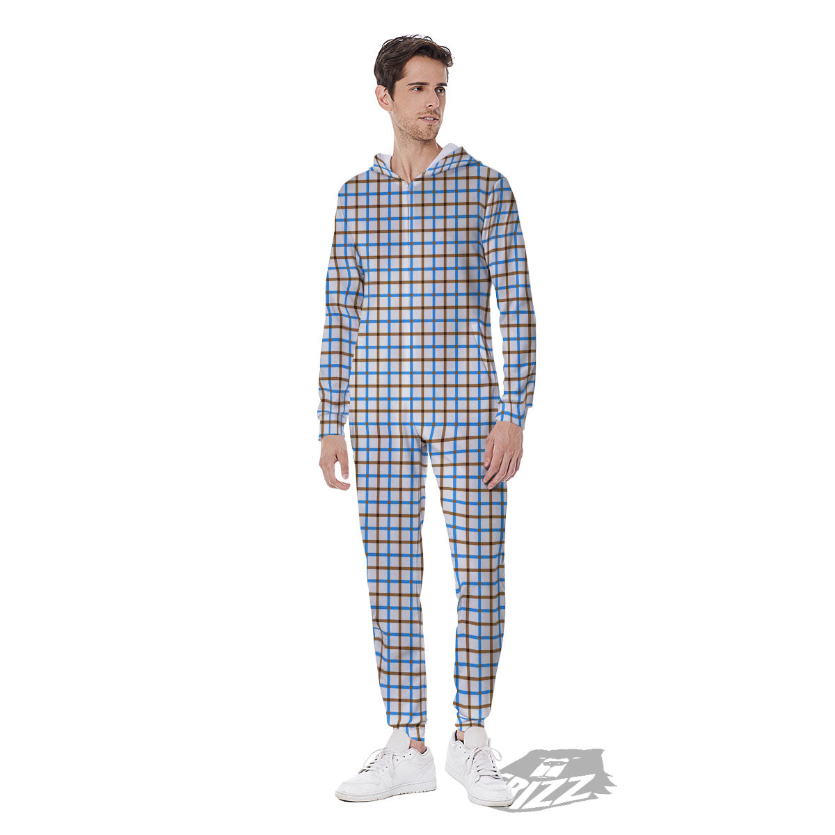Tattersall Brown And Blue Print Pattern Men's Jumpsuit-grizzshop