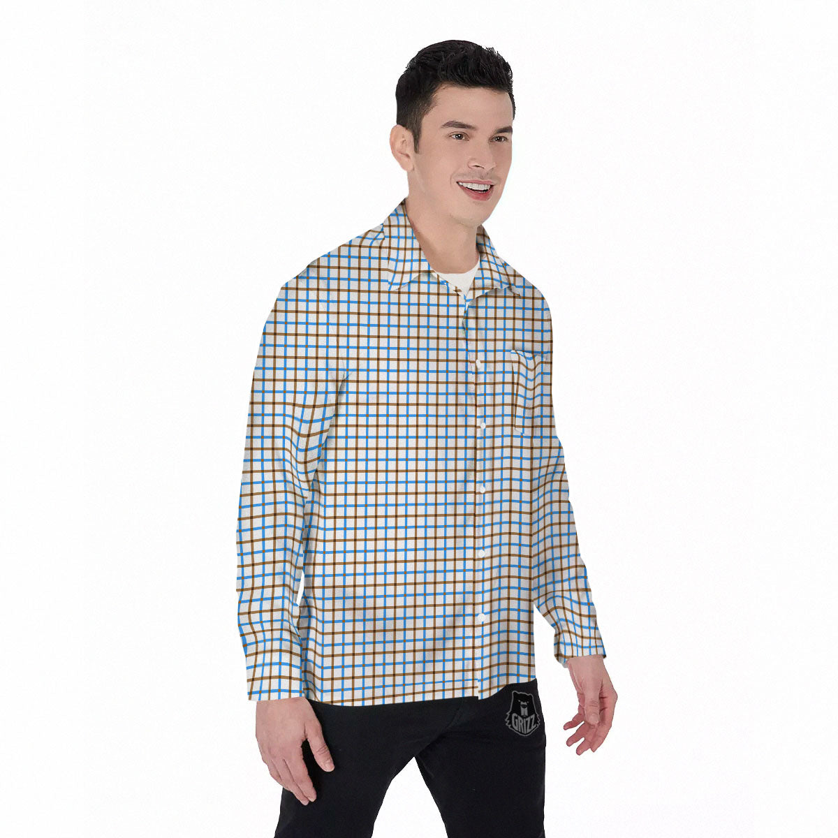 Tattersall Brown And Blue Print Pattern Men's Long Sleeve Shirts-grizzshop