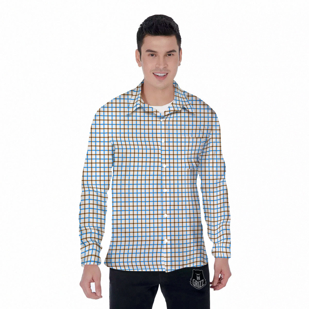 Tattersall Brown And Blue Print Pattern Men's Long Sleeve Shirts-grizzshop