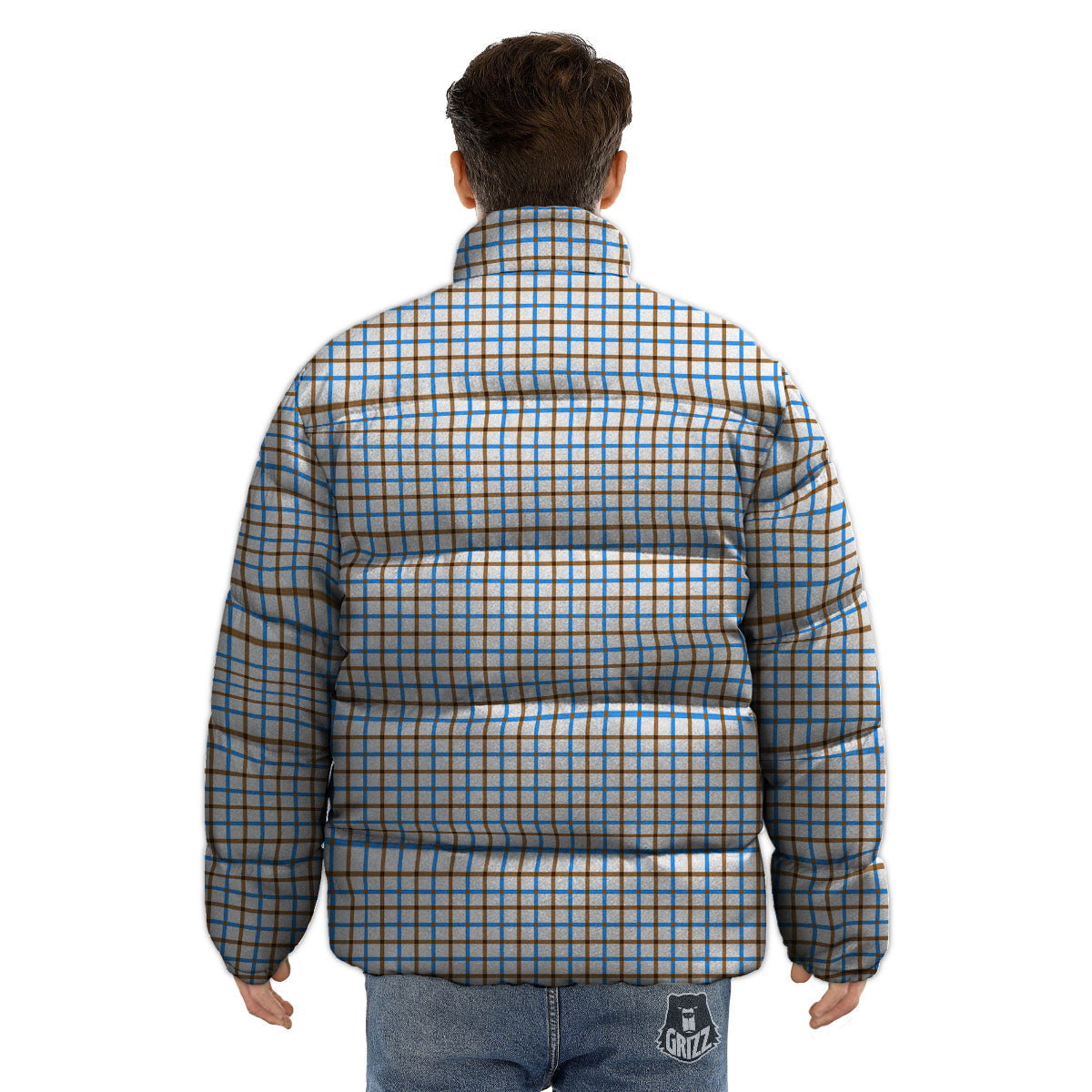 Tattersall Brown And Blue Print Pattern Puffer Jacket-grizzshop