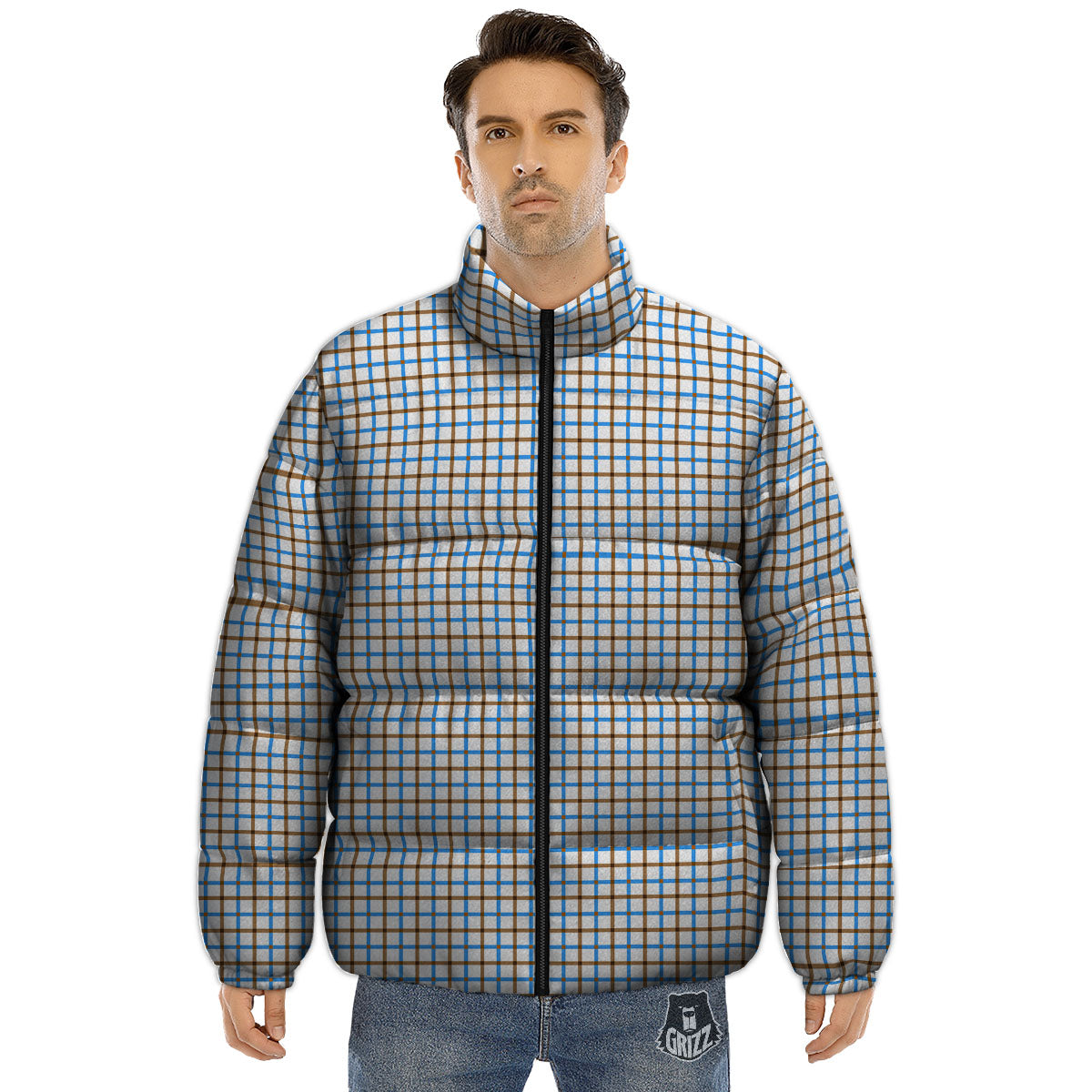 Tattersall Brown And Blue Print Pattern Puffer Jacket-grizzshop