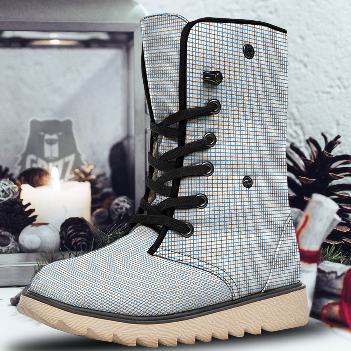 Tattersall Brown And Blue Print Pattern Snow Boots-grizzshop