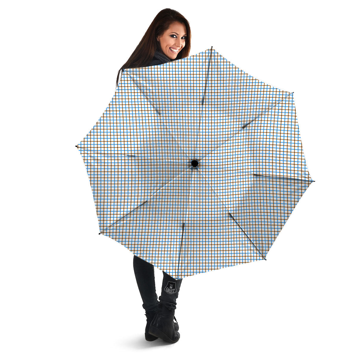 Tattersall Brown And Blue Print Pattern Umbrella-grizzshop