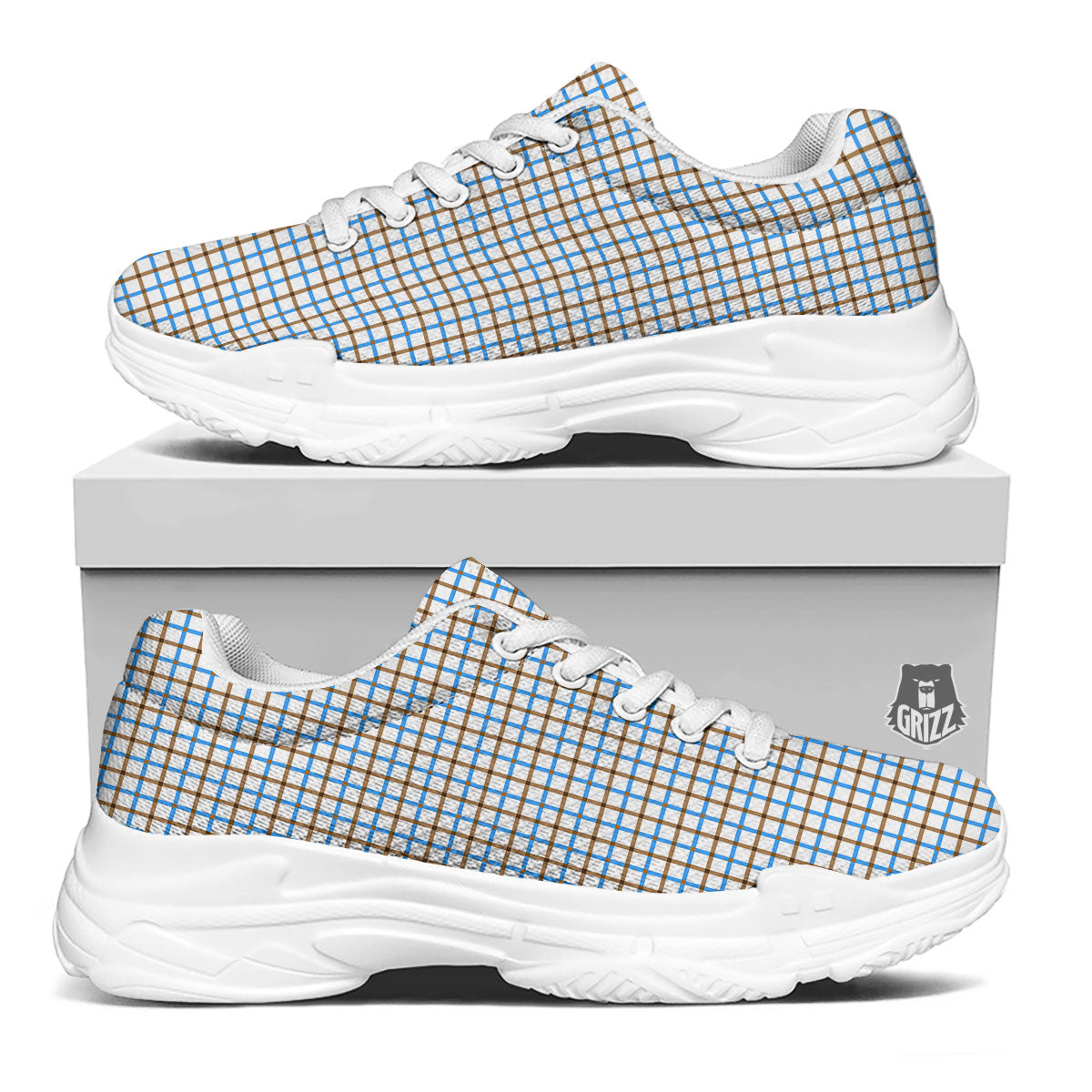 Tattersall Brown And Blue Print Pattern White Chunky Shoes-grizzshop
