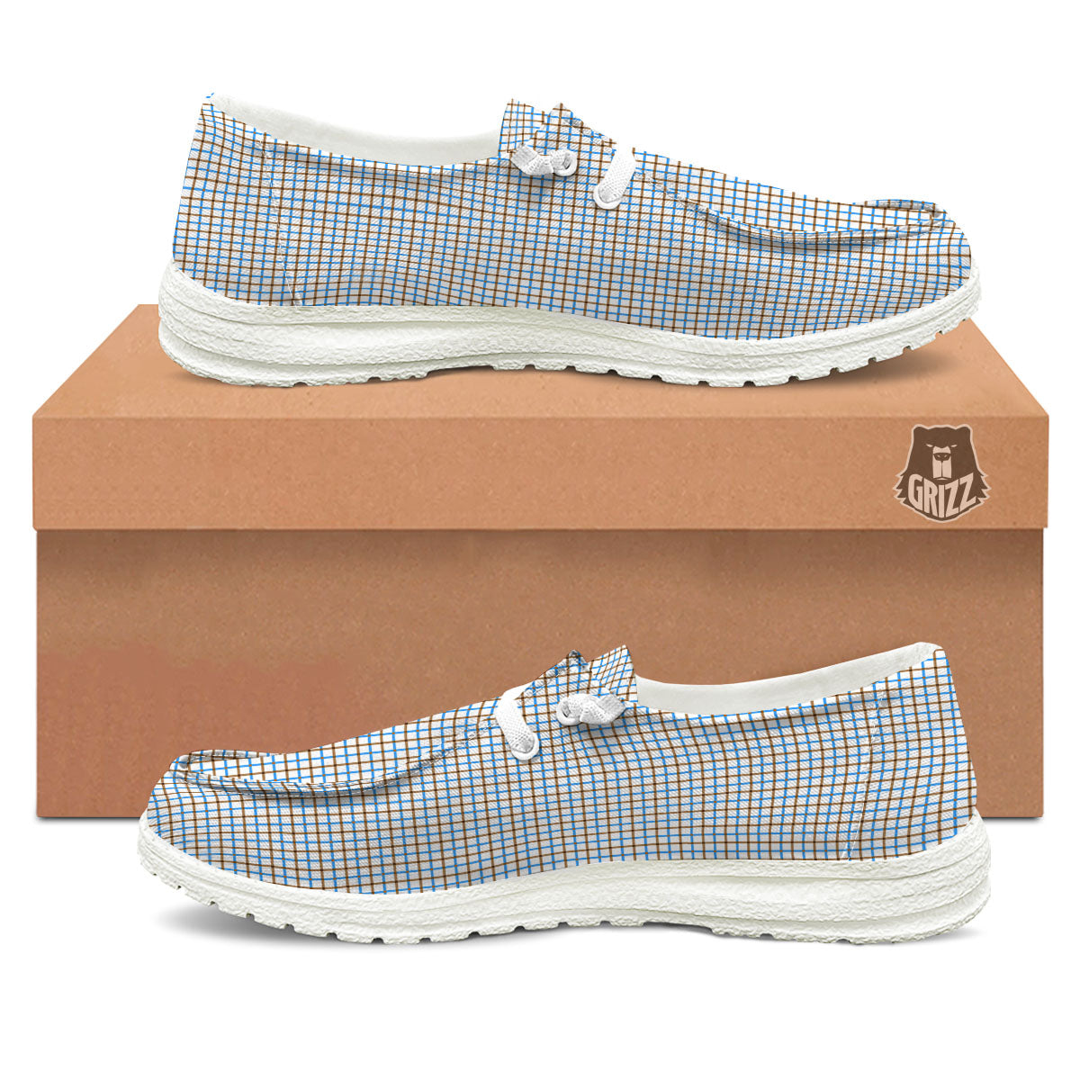 Tattersall Brown And Blue Print Pattern White Loafers-grizzshop