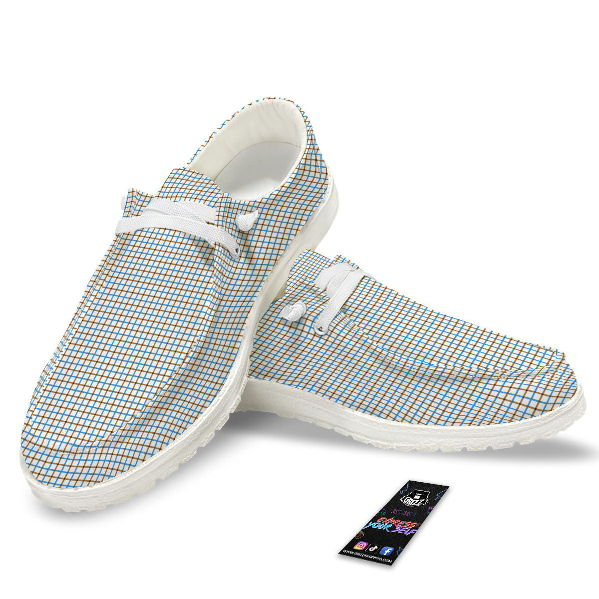 Tattersall Brown And Blue Print Pattern White Loafers-grizzshop