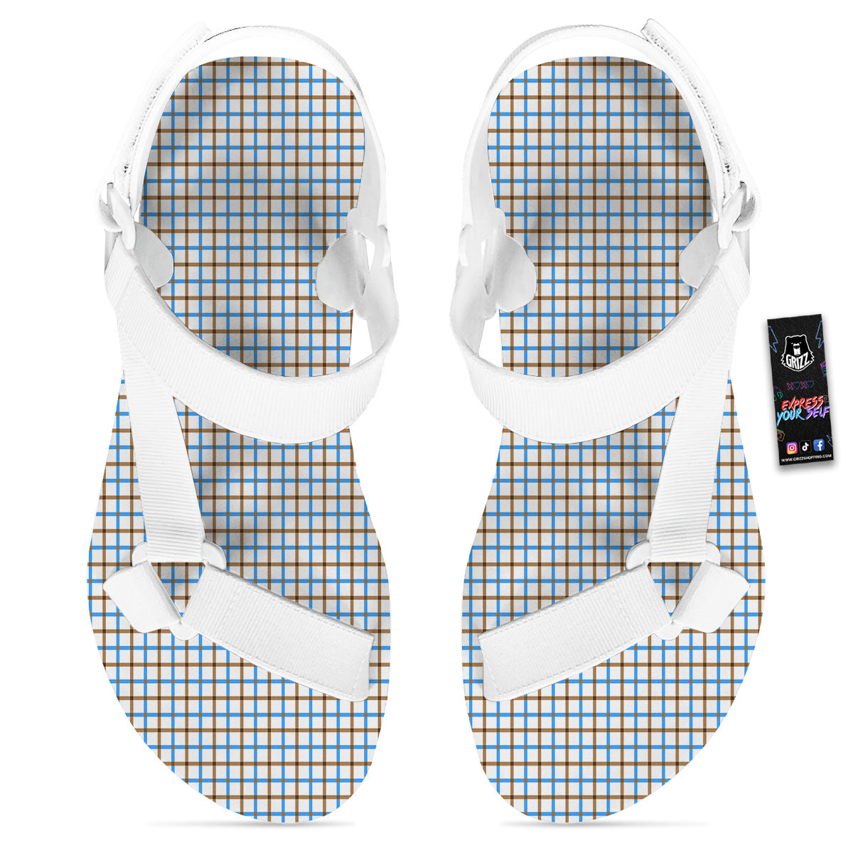 Tattersall Brown And Blue Print Pattern White Open Toe Sandals-grizzshop