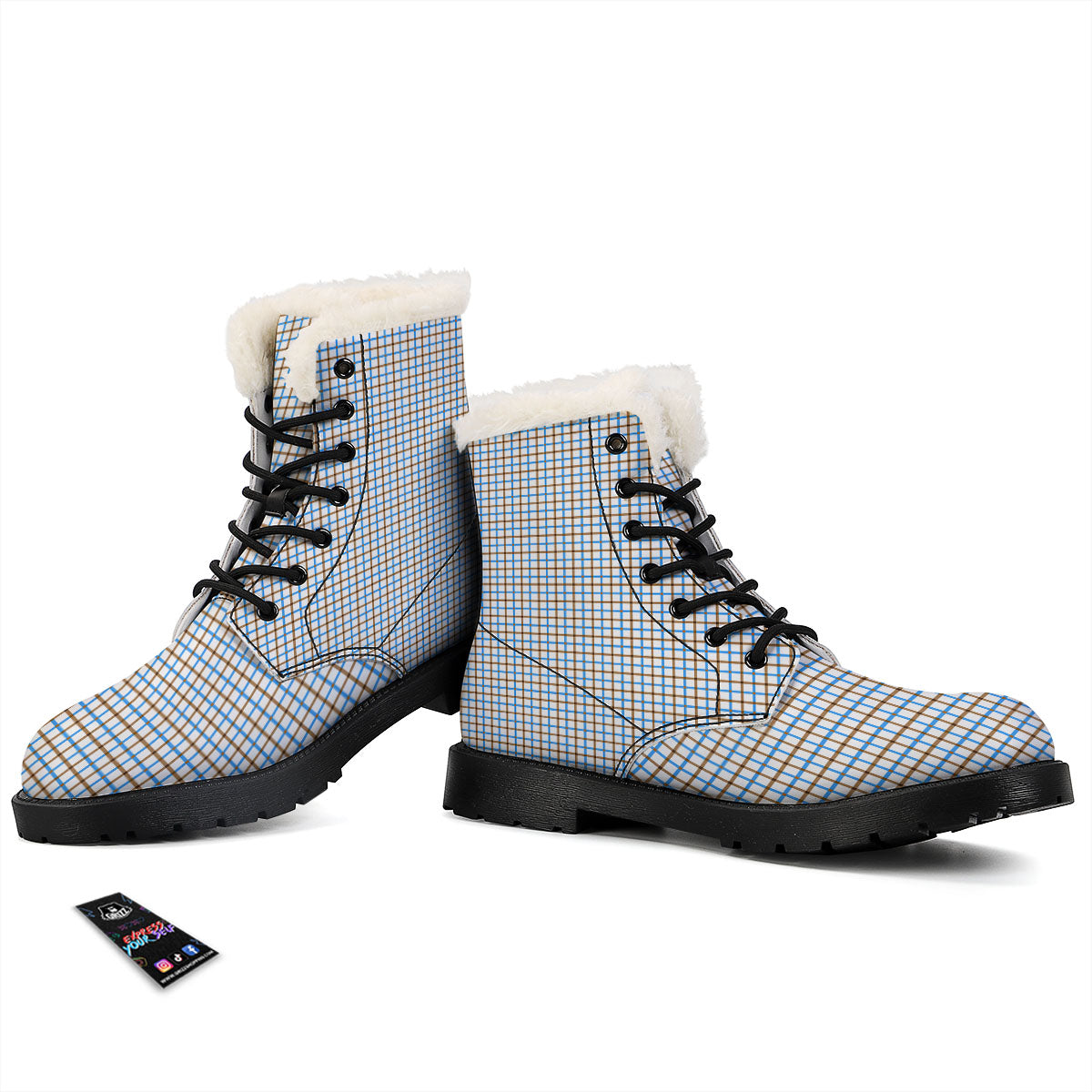 Tattersall Brown And Blue Print Pattern Winter Boots-grizzshop