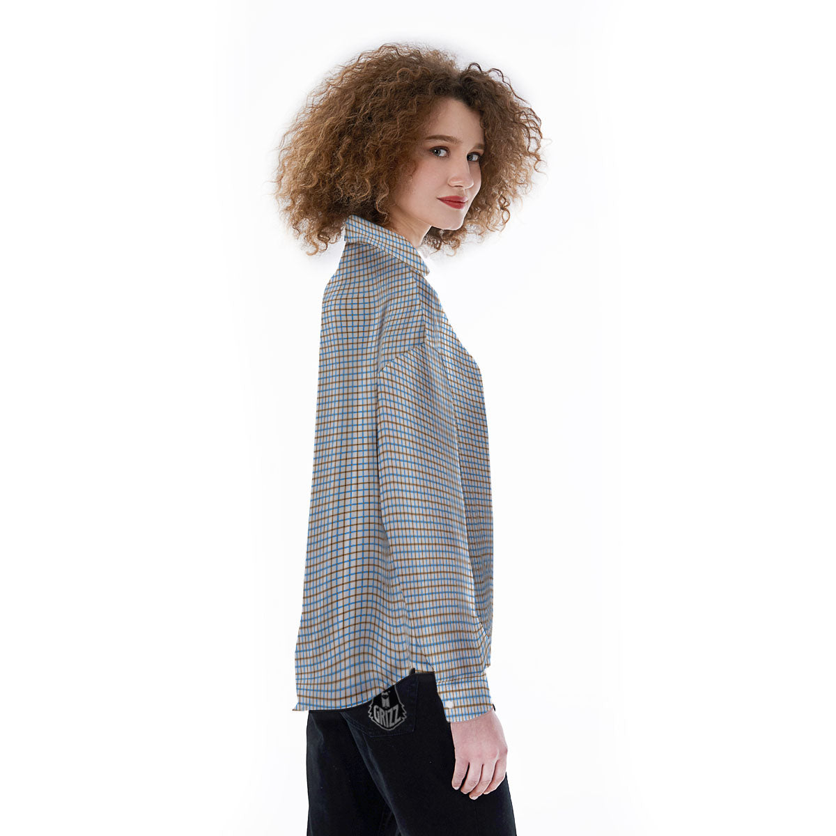 Tattersall Brown And Blue Print Pattern Women's Long Sleeve Shirts-grizzshop