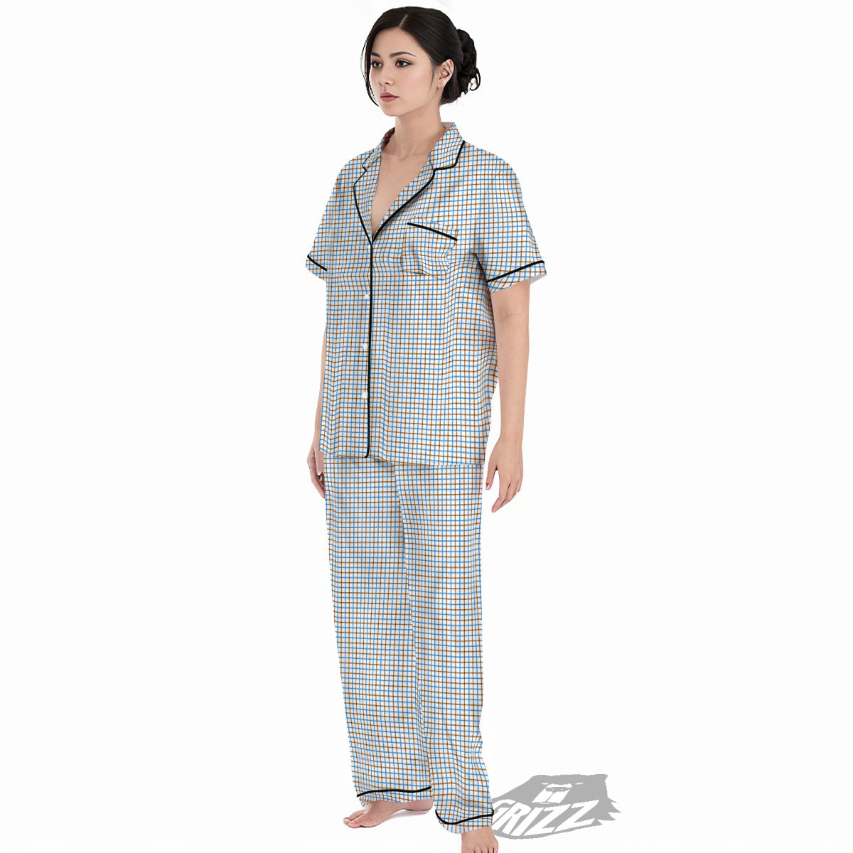 Tattersall Brown And Blue Print Pattern Women's Pajamas Set-grizzshop