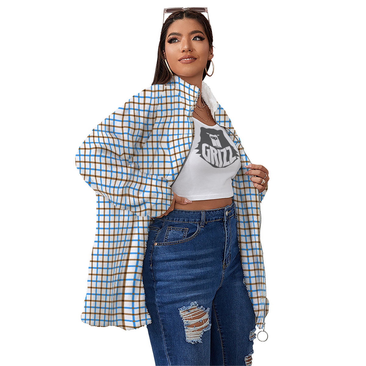 Tattersall Brown And Blue Print Pattern Women's Sherpa Jacket-grizzshop