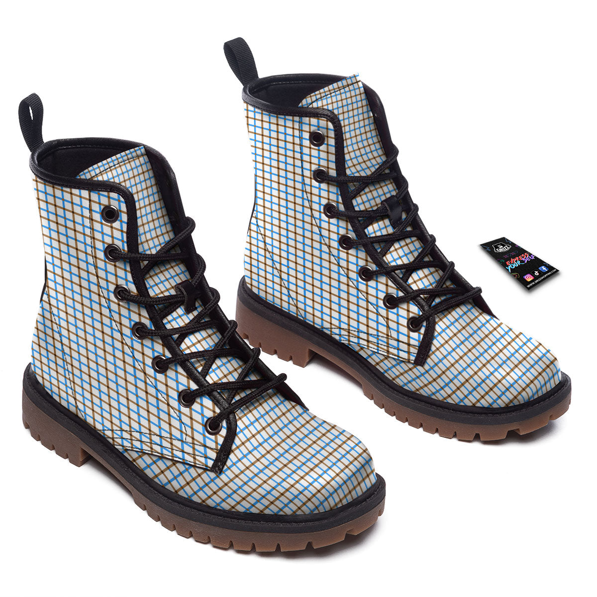 Tattersall Brown And Blue Print Pattern Work Boots-grizzshop