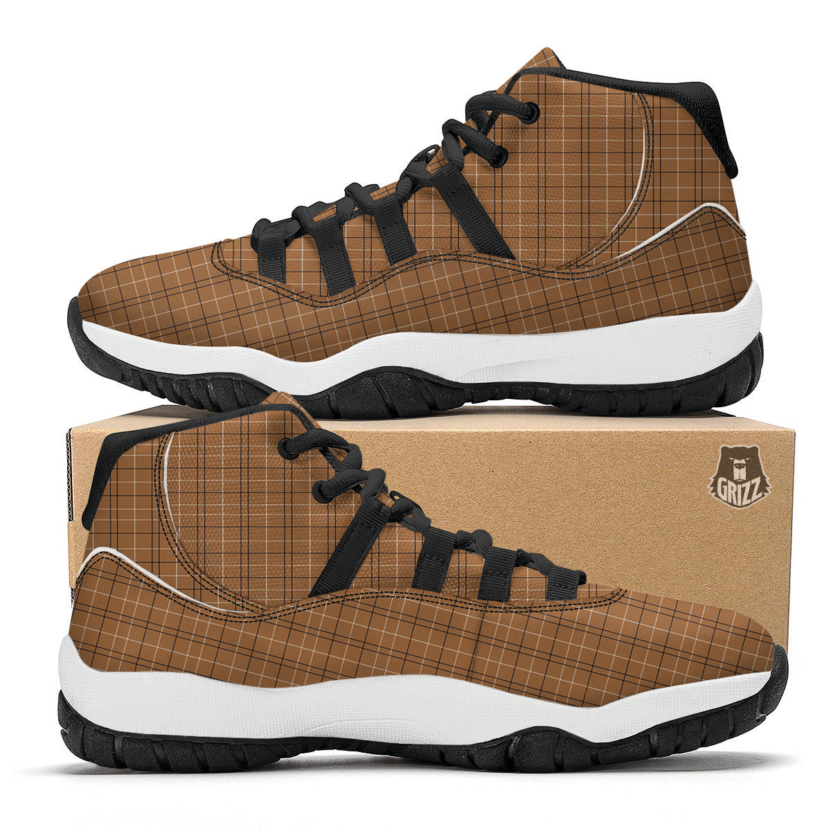 Tattersall Brown Print Pattern Black Bball Shoes-grizzshop