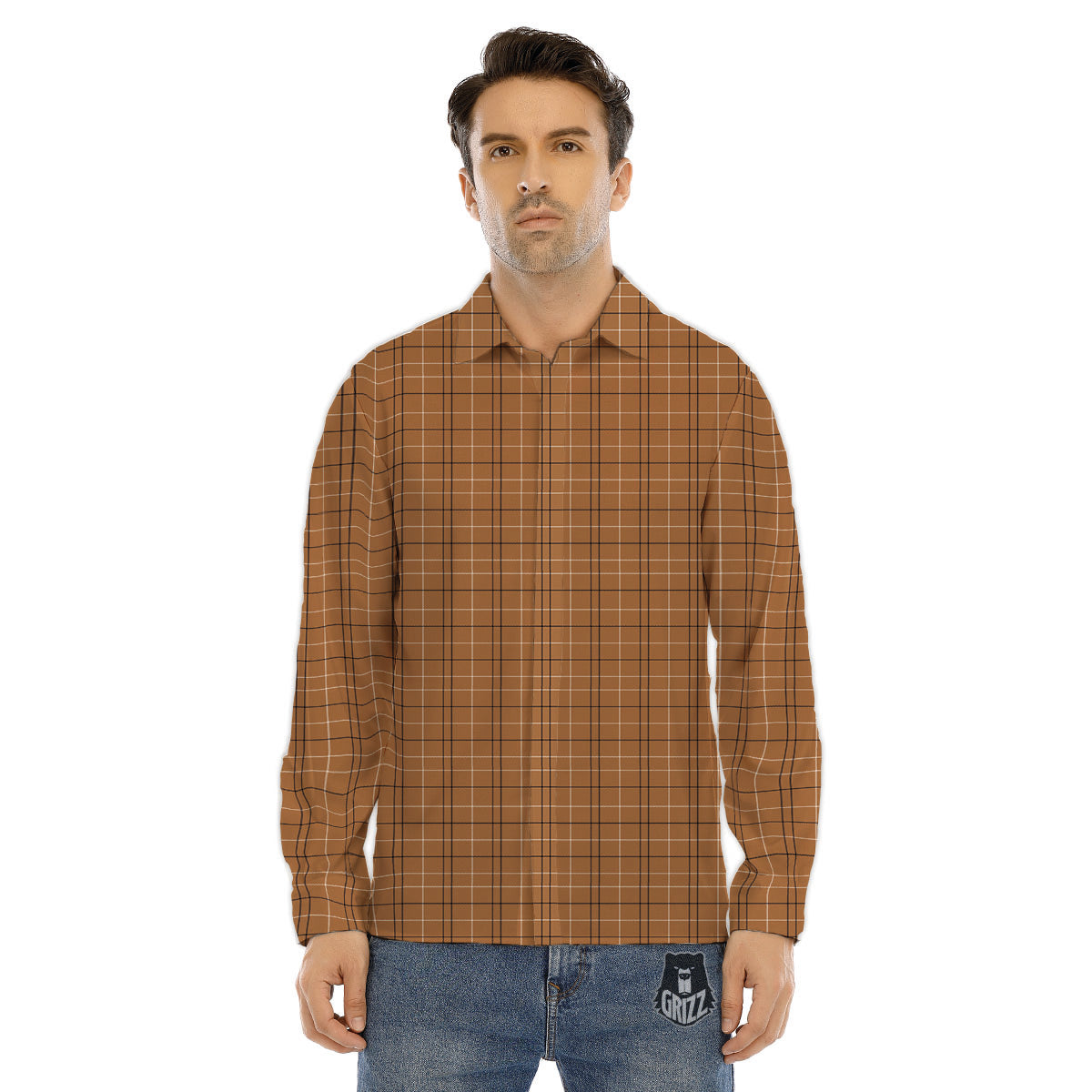 Tattersall Brown Print Pattern Men's Dress Shirts-grizzshop