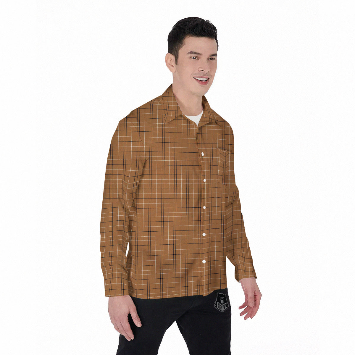 Tattersall Brown Print Pattern Men's Long Sleeve Shirts-grizzshop