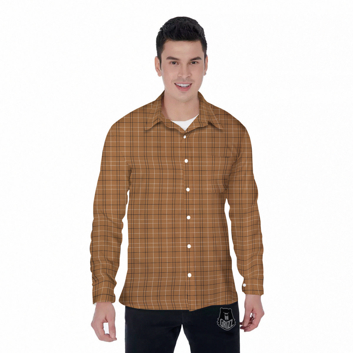Tattersall Brown Print Pattern Men's Long Sleeve Shirts-grizzshop