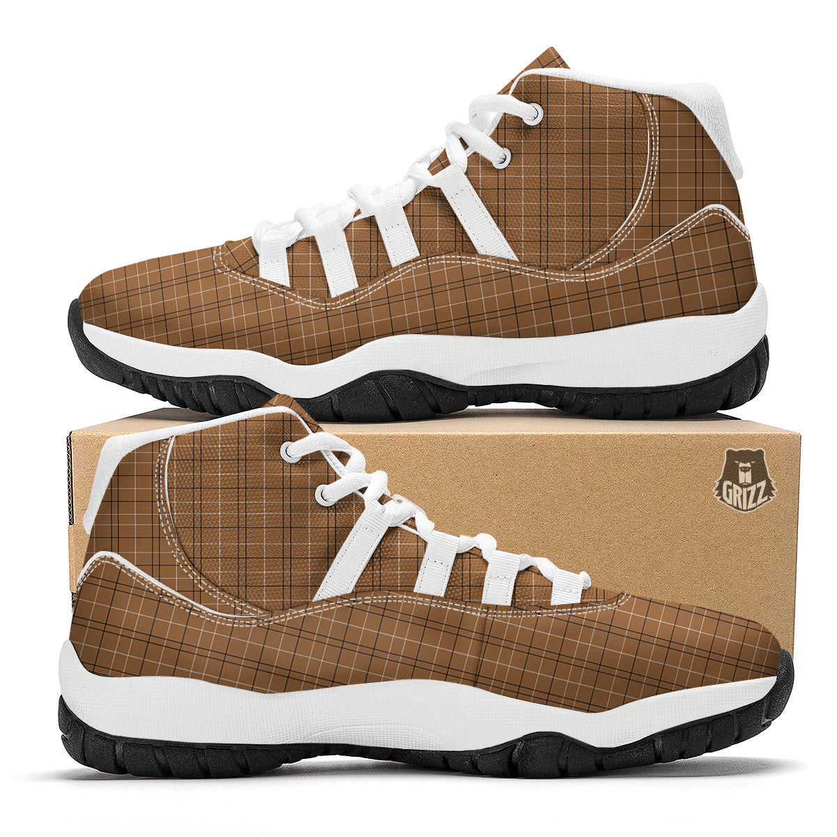 Tattersall Brown Print Pattern White Bball Shoes-grizzshop