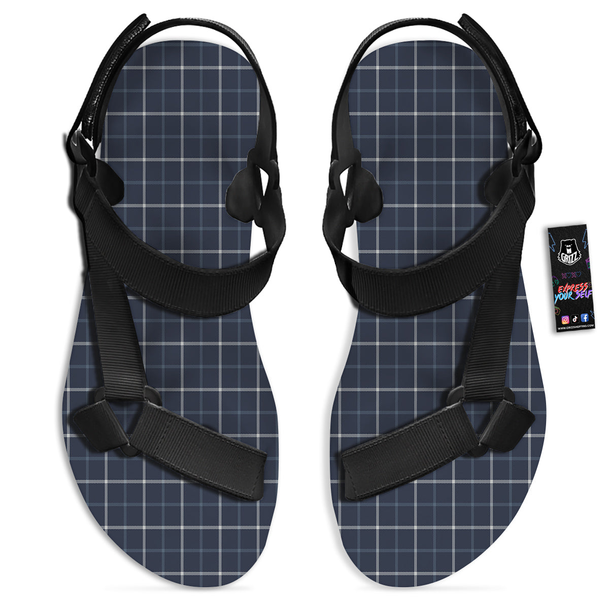 Tattersall Dark Blue Print Pattern Black Open Toe Sandals-grizzshop