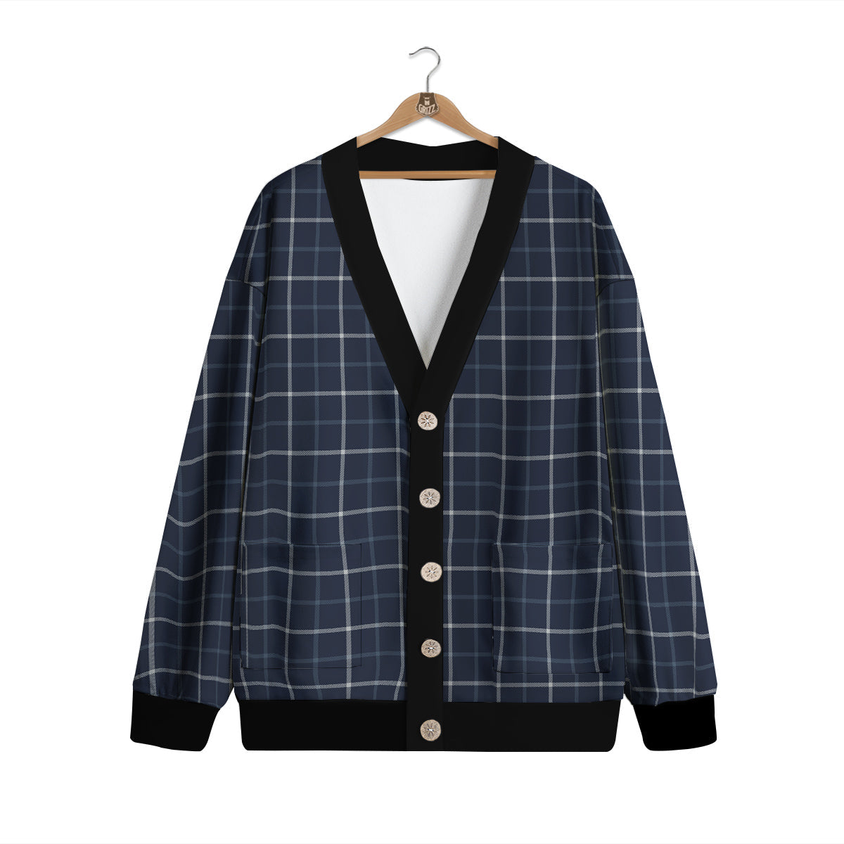 Tattersall Dark Blue Print Pattern Cardigan-grizzshop