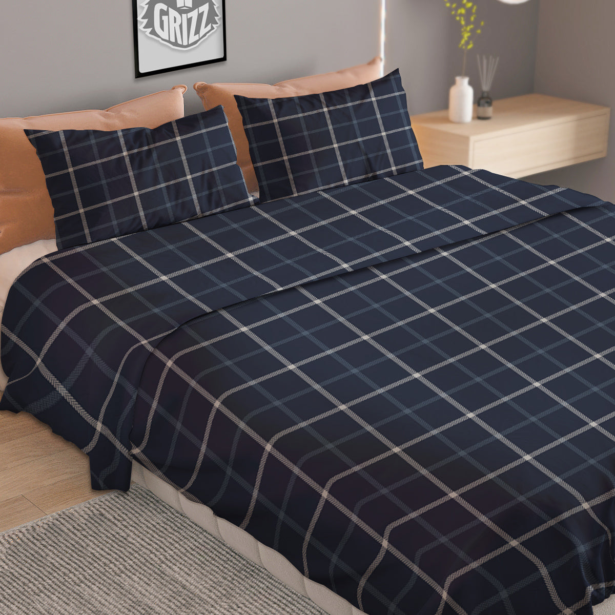 Tattersall Dark Blue Print Pattern Duvet Cover Bedding Set