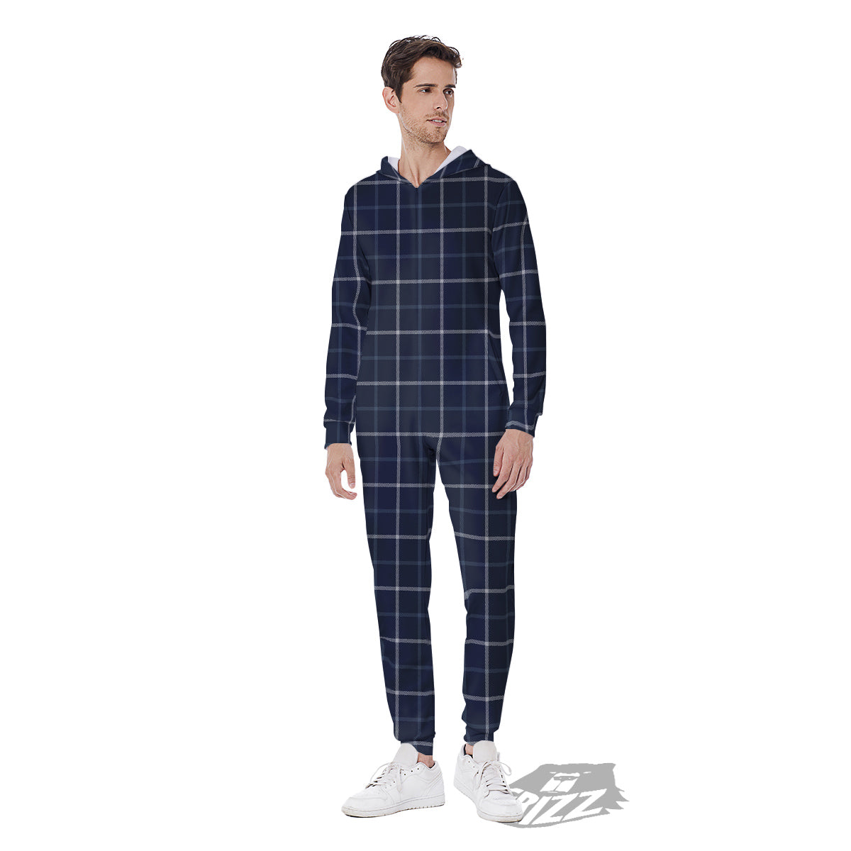 Tattersall Dark Blue Print Pattern Men's Jumpsuit-grizzshop