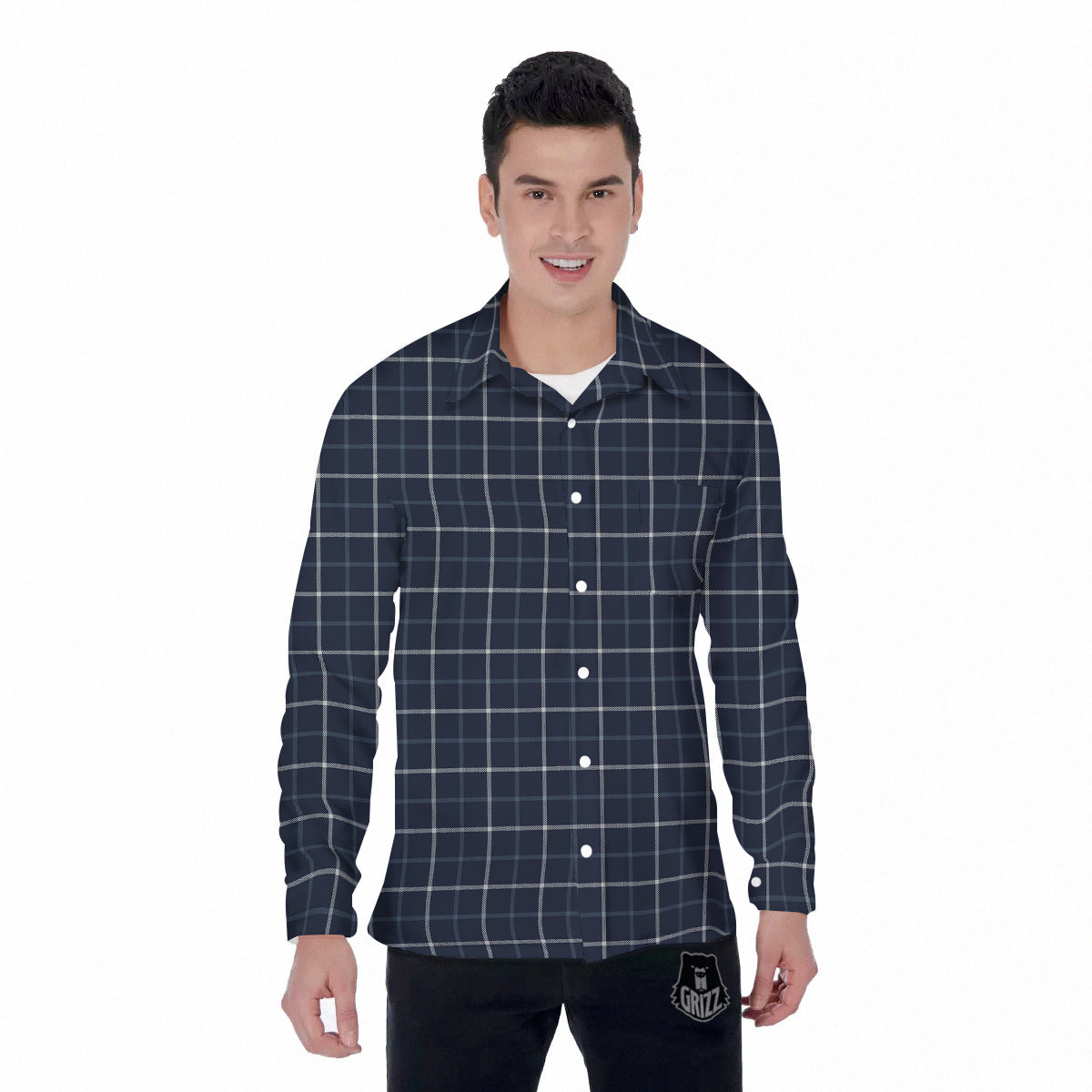 Tattersall Dark Blue Print Pattern Men's Long Sleeve Shirts-grizzshop