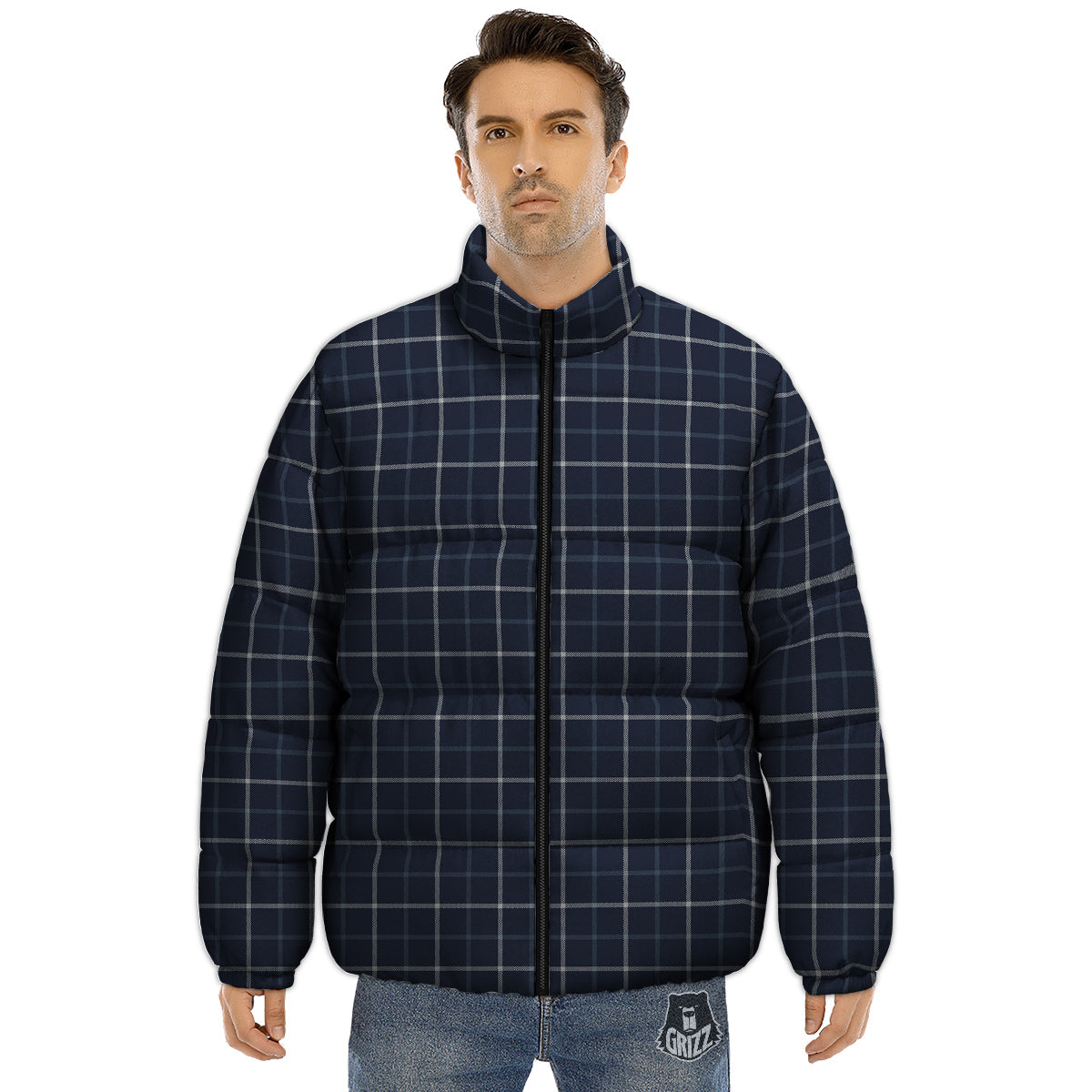 Tattersall Dark Blue Print Pattern Puffer Jacket-grizzshop