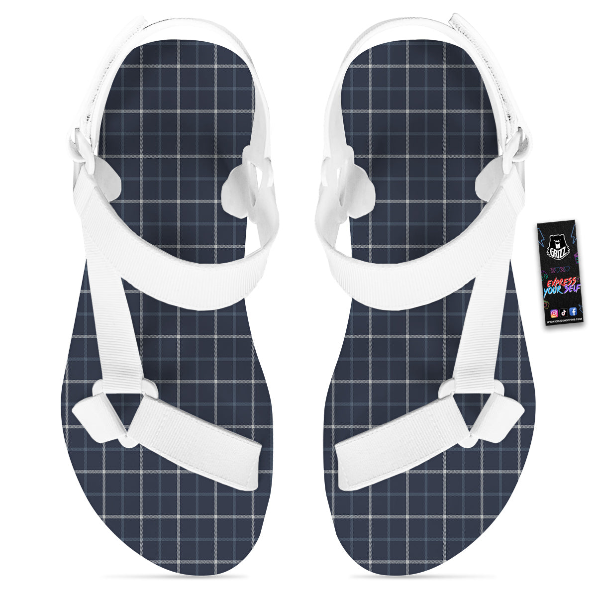 Tattersall Dark Blue Print Pattern White Open Toe Sandals-grizzshop