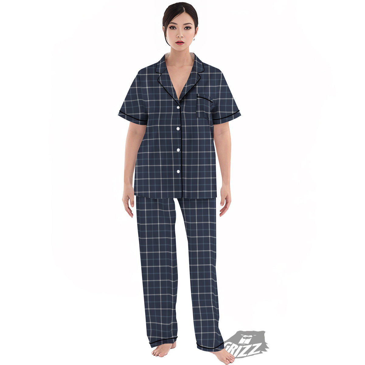 Tattersall Dark Blue Print Pattern Women's Pajamas Set-grizzshop
