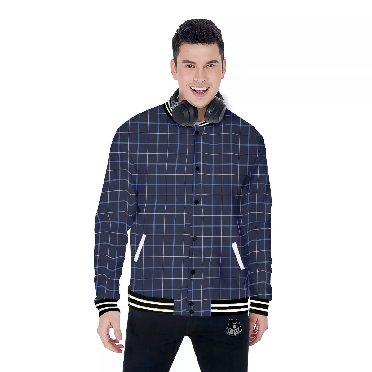 Tattersall Deep Blue Print Pattern Baseball Jacket-grizzshop