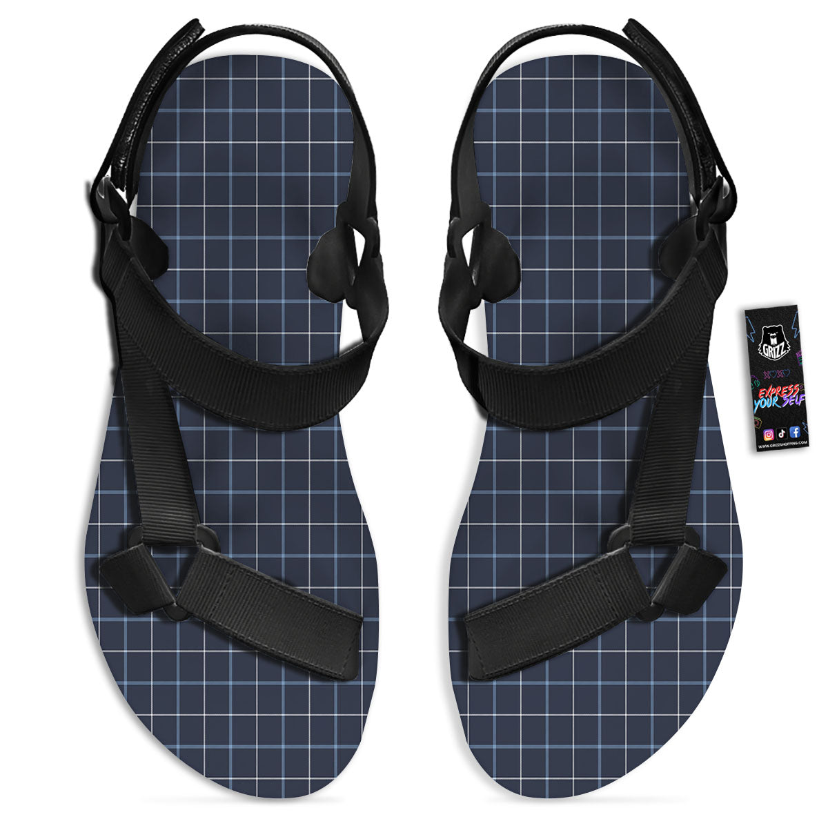 Tattersall Deep Blue Print Pattern Black Open Toe Sandals-grizzshop