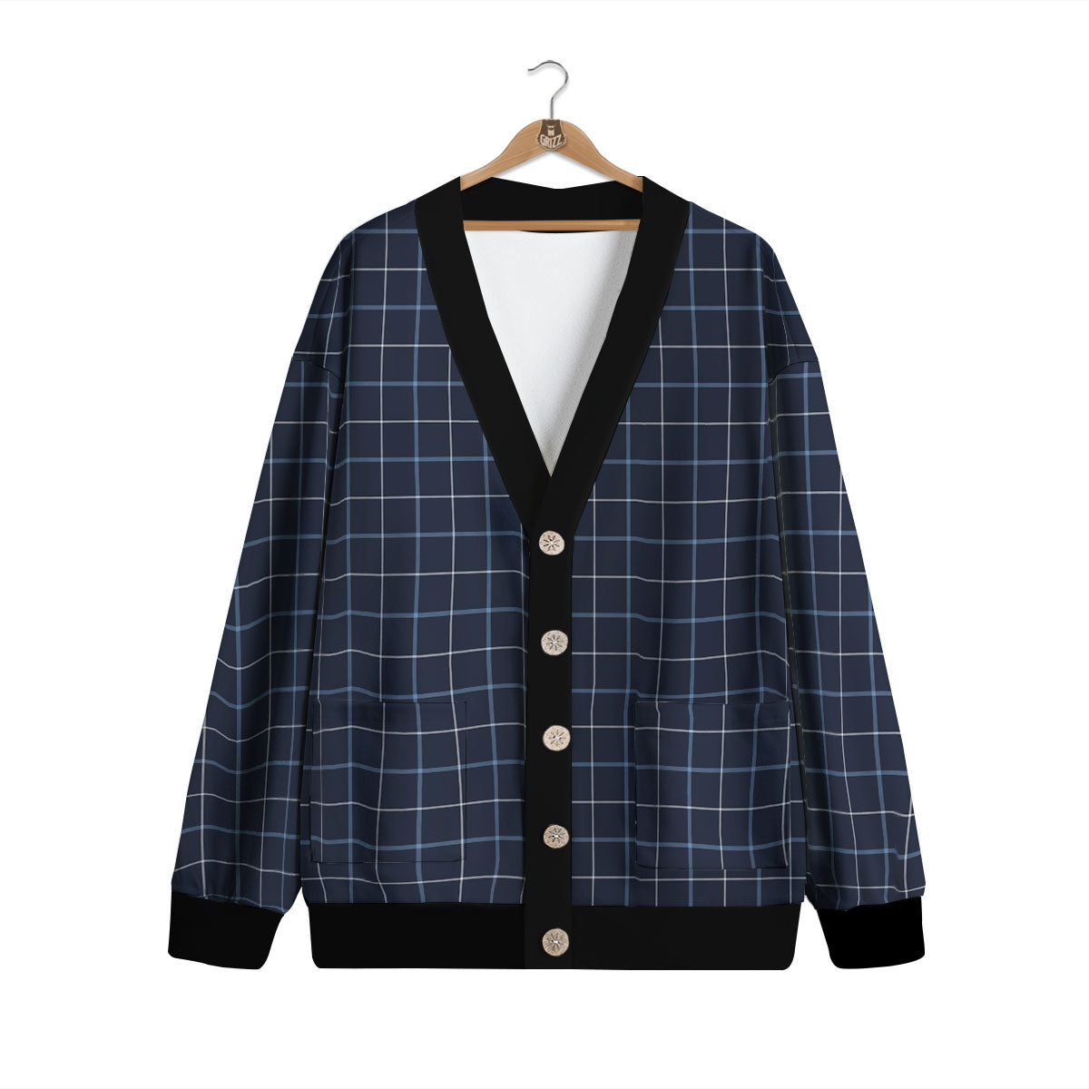 Tattersall Deep Blue Print Pattern Cardigan-grizzshop