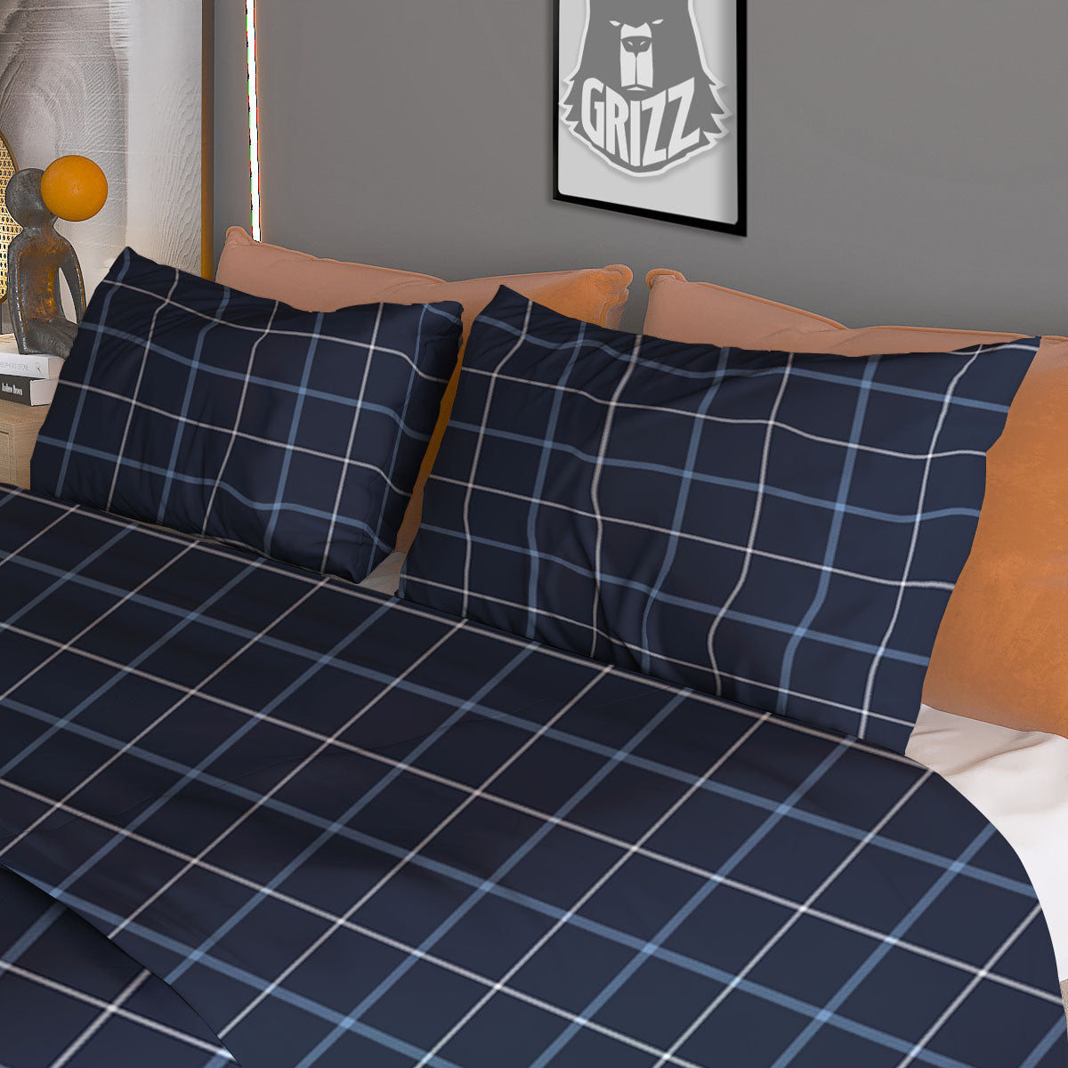 Tattersall Deep Blue Print Pattern Duvet Cover Bedding Set