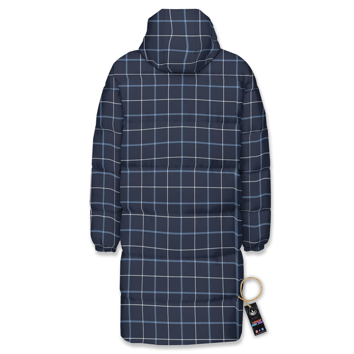 Tattersall Deep Blue Print Pattern Long Down Jacket-grizzshop