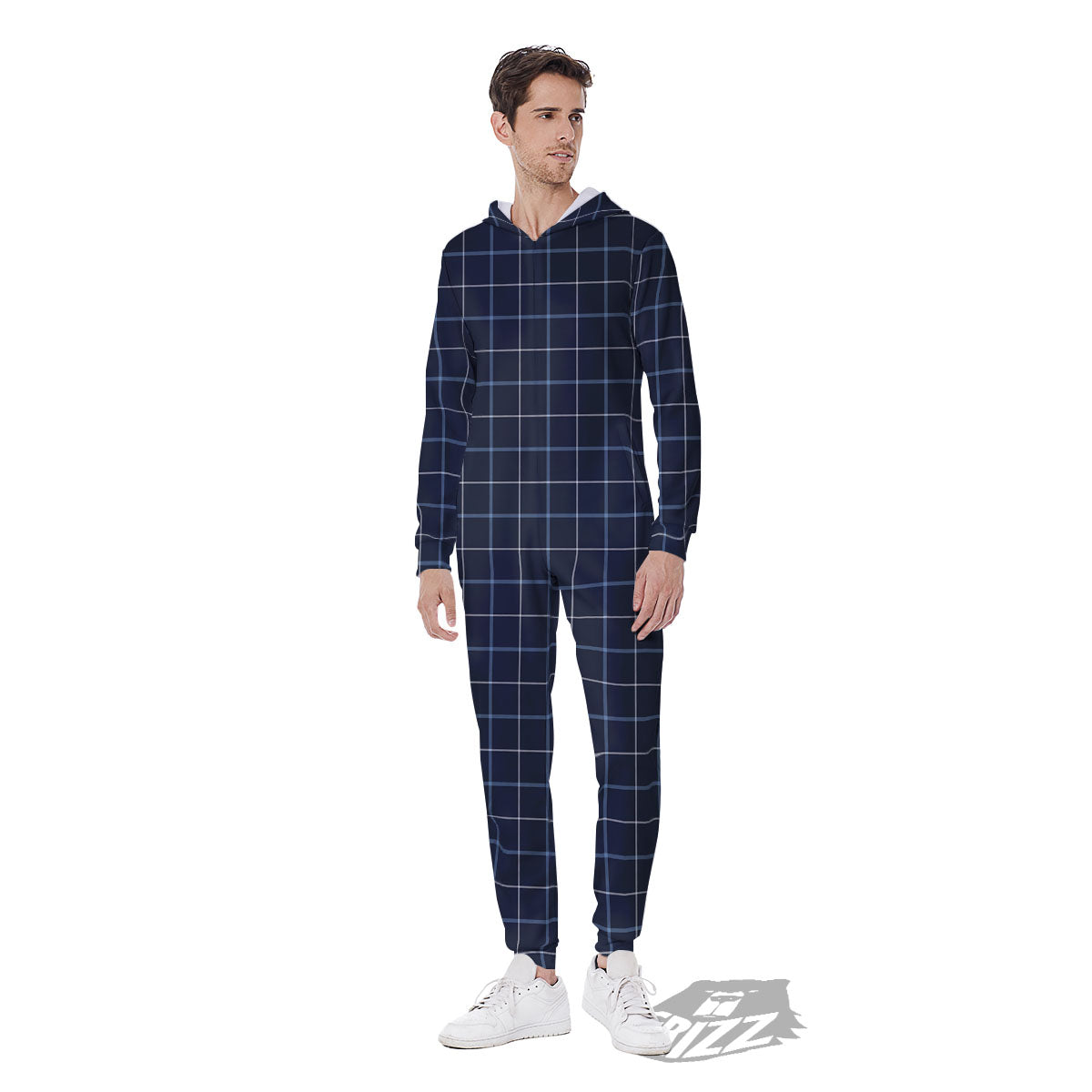Tattersall Deep Blue Print Pattern Men's Jumpsuit-grizzshop