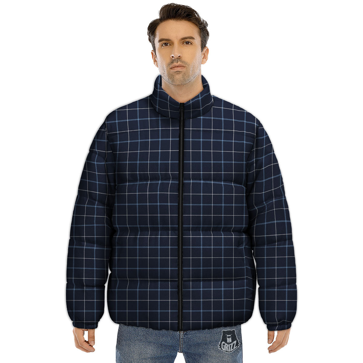 Tattersall Deep Blue Print Pattern Puffer Jacket-grizzshop