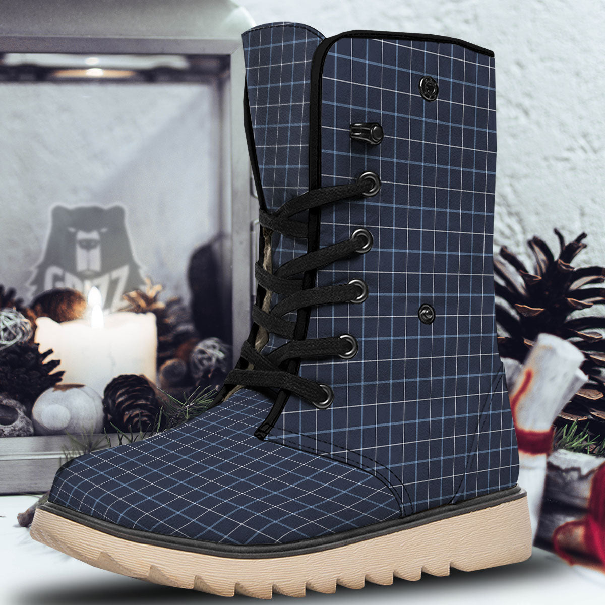 Tattersall Deep Blue Print Pattern Snow Boots-grizzshop