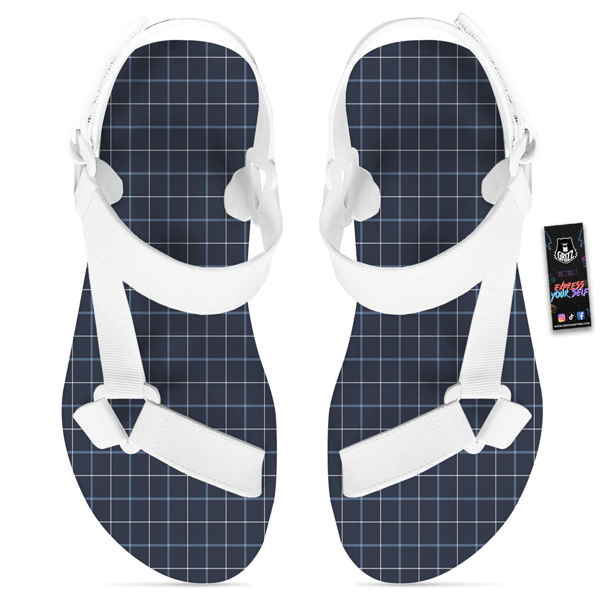 Tattersall Deep Blue Print Pattern White Open Toe Sandals-grizzshop