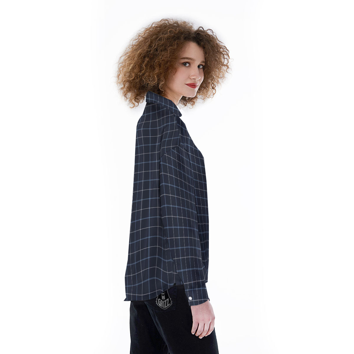 Tattersall Deep Blue Print Pattern Women's Long Sleeve Shirts-grizzshop
