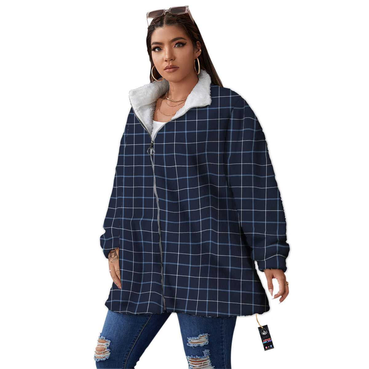 Tattersall Deep Blue Print Pattern Women's Sherpa Jacket-grizzshop