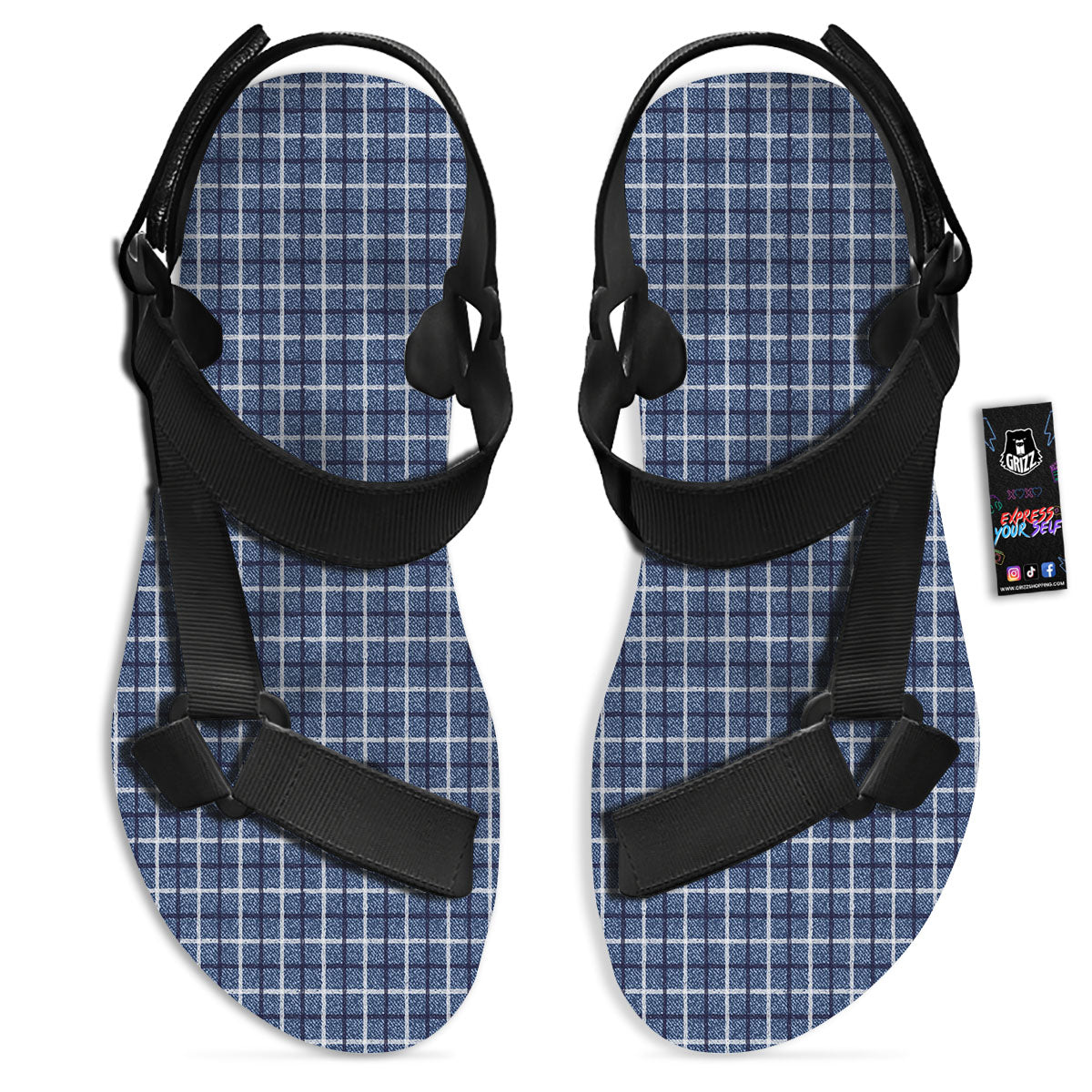 Tattersall Denim Print Pattern Black Open Toe Sandals-grizzshop