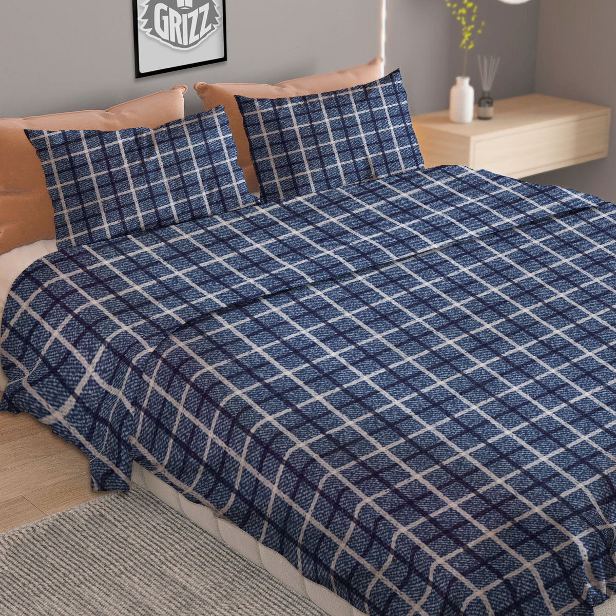 Tattersall Denim Print Pattern Duvet Cover Bedding Set