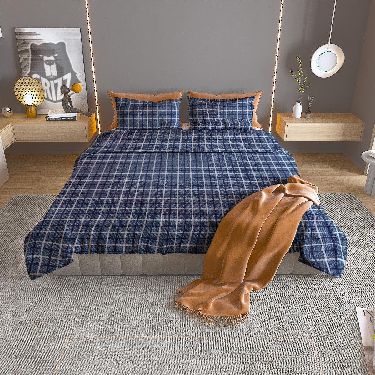 Tattersall Denim Print Pattern Duvet Cover Bedding Set