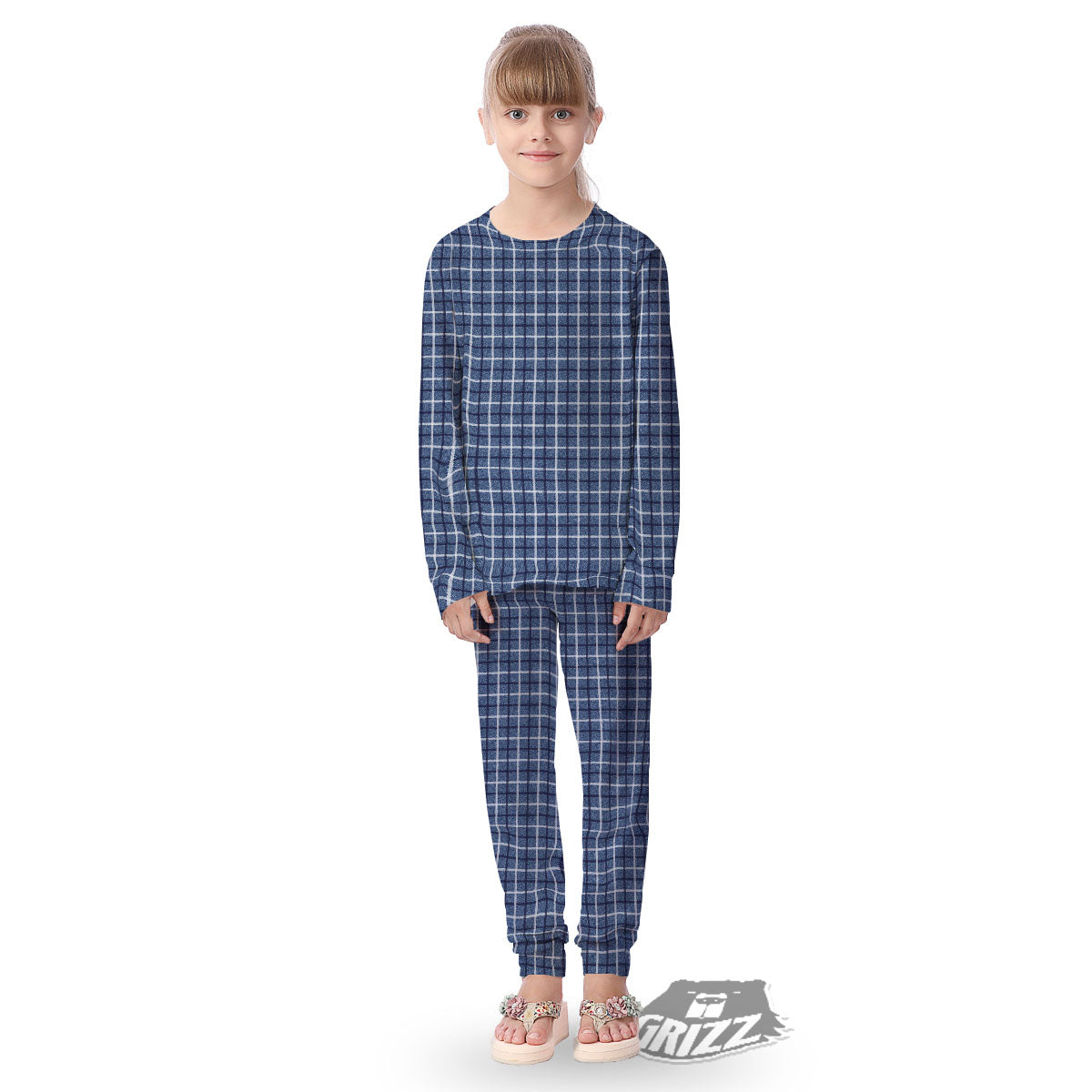 Tattersall Denim Print Pattern Kid's Pajamas-grizzshop