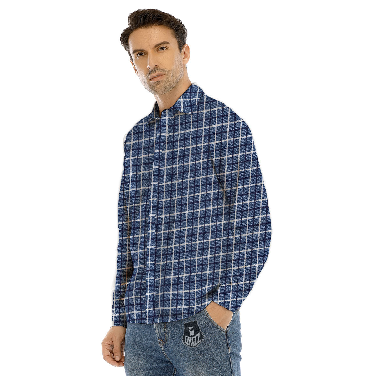 Tattersall Denim Print Pattern Men's Dress Shirts-grizzshop